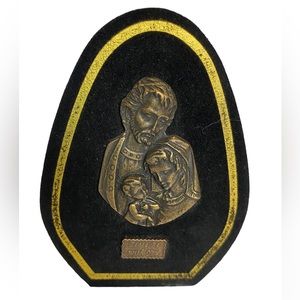 Vintage Mary, Joseph, baby Jesus Religious Plaque Brass Stand"Peace be with You"